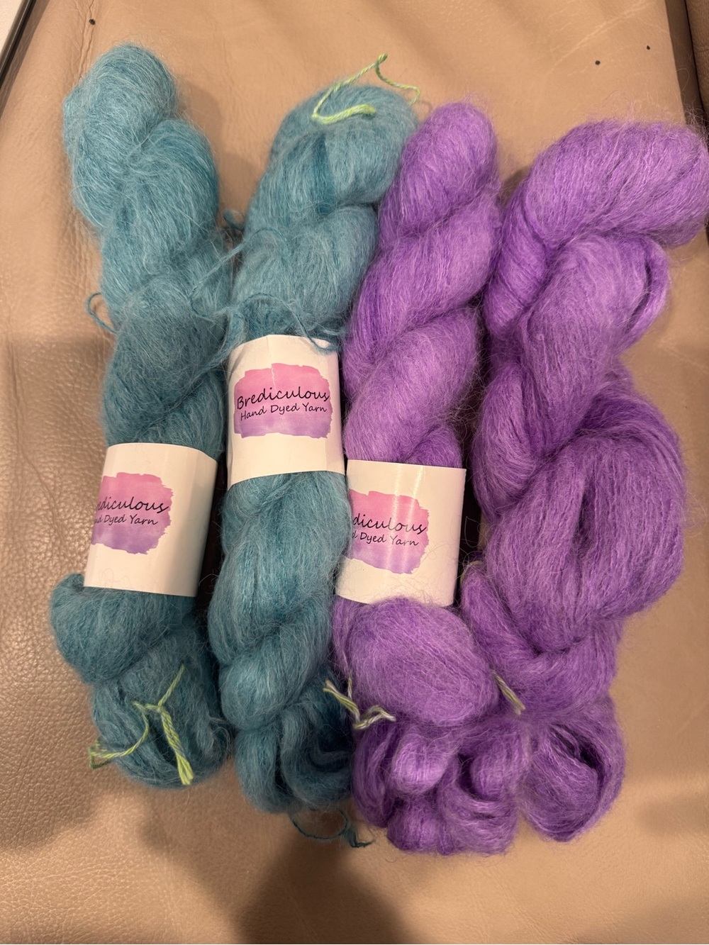 4 Brediculous Hand-Dyed Suri Alpaca Silk Lace Yarn Skeins in Teal and Purple